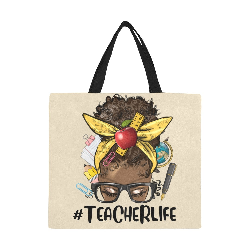 Afro_Messy_Bun_Teacher_Life_ All Over Print Canvas Tote Bag(Model1699)(Large)