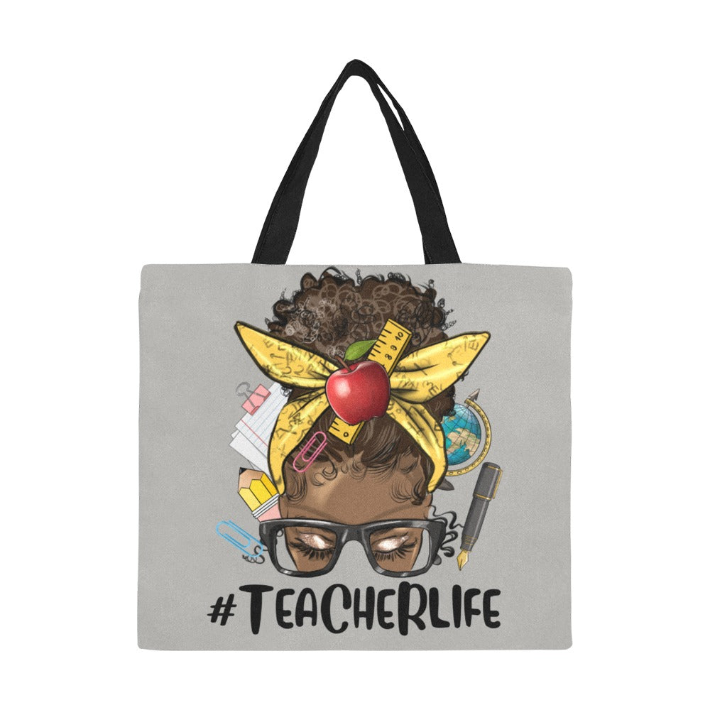 Afro_Messy_Bun_Teacher_Life_grey All Over Print Canvas Tote Bag(Model1699)(Large)