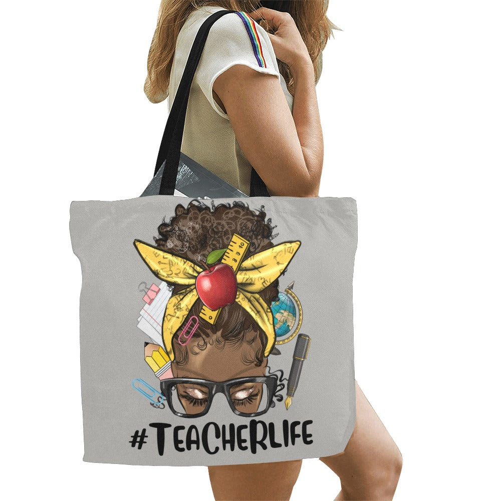 Afro_Messy_Bun_Teacher_Life_grey All Over Print Canvas Tote Bag(Model1699)(Large)