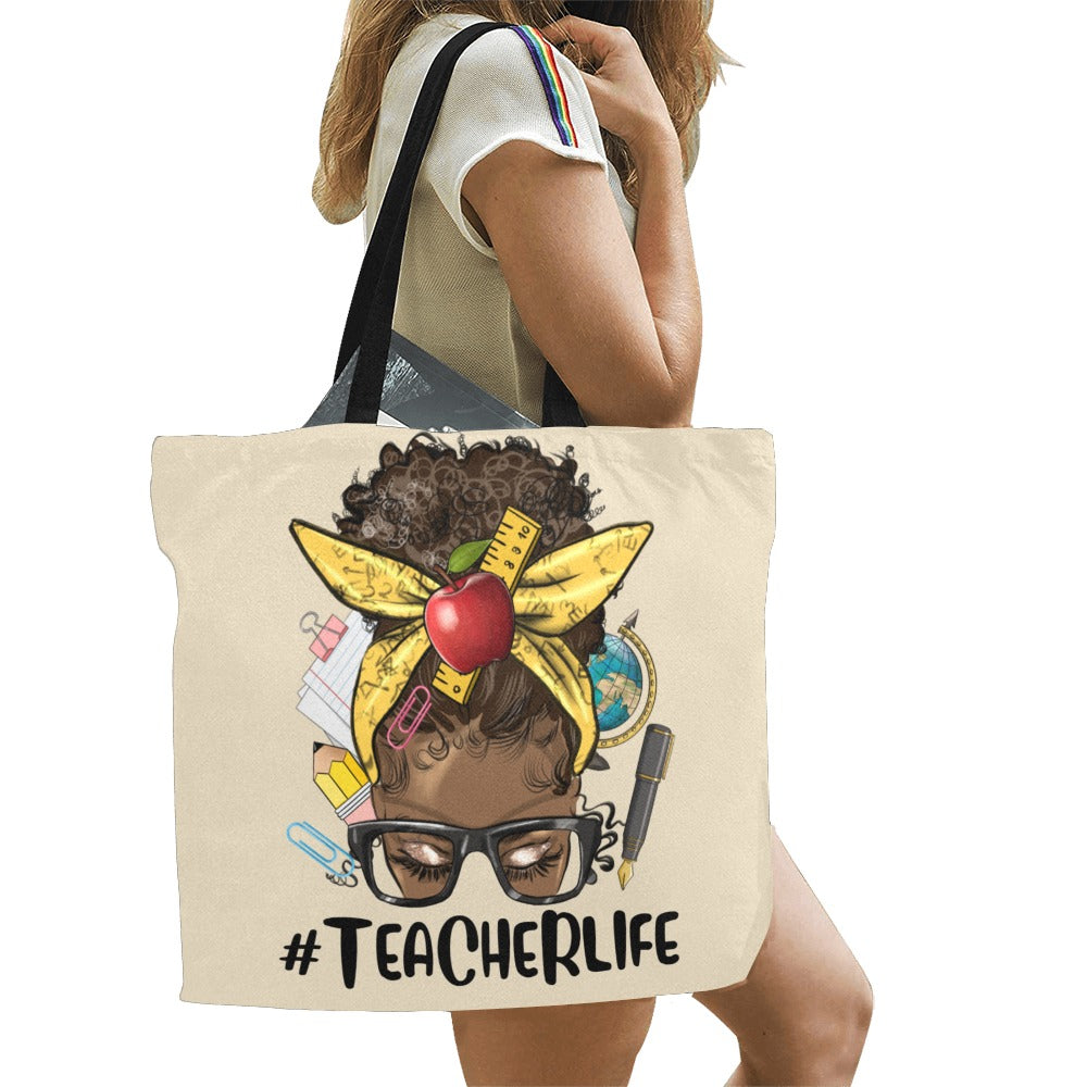 Afro_Messy_Bun_Teacher_Life_ All Over Print Canvas Tote Bag(Model1699)(Large)